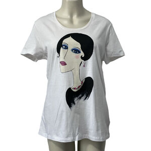 Rebecca Moses White Black Graphic Cotton Tee Shirt XL NWT